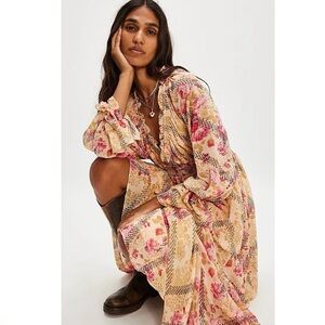 FREE PEOPLE l Lena Ruffle Low Neck Whimsical Floral Print Bohemian Midi XS